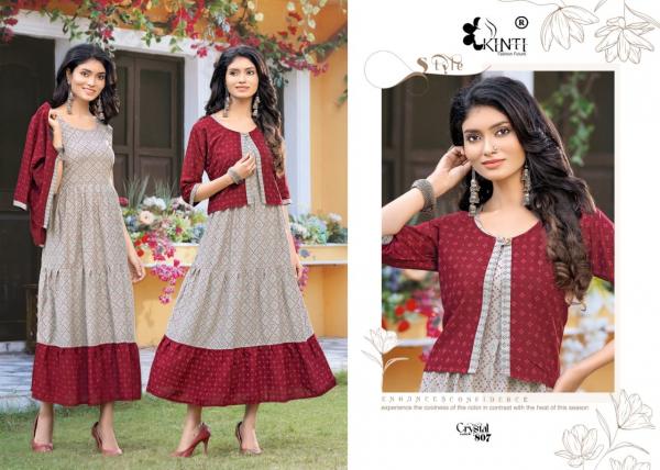 Kinti Crystal Vol 8 Designer Rayon Long Kurti With Jacket Collection